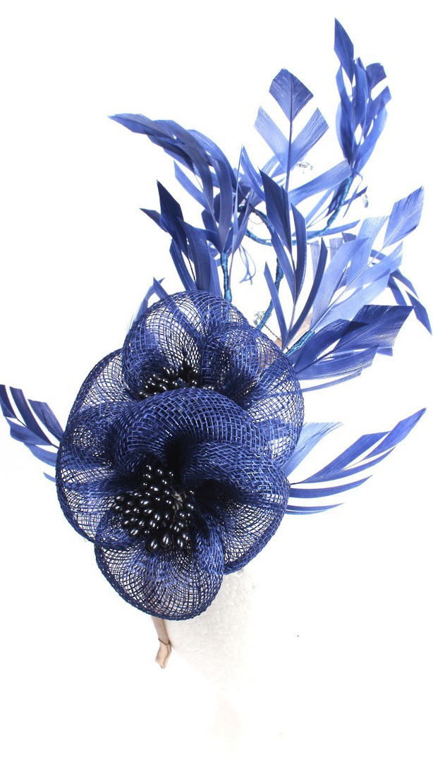 Branch fascinator w sinamay flower and feathered leaves blue STYLE: HS/3010/BLU- image 0